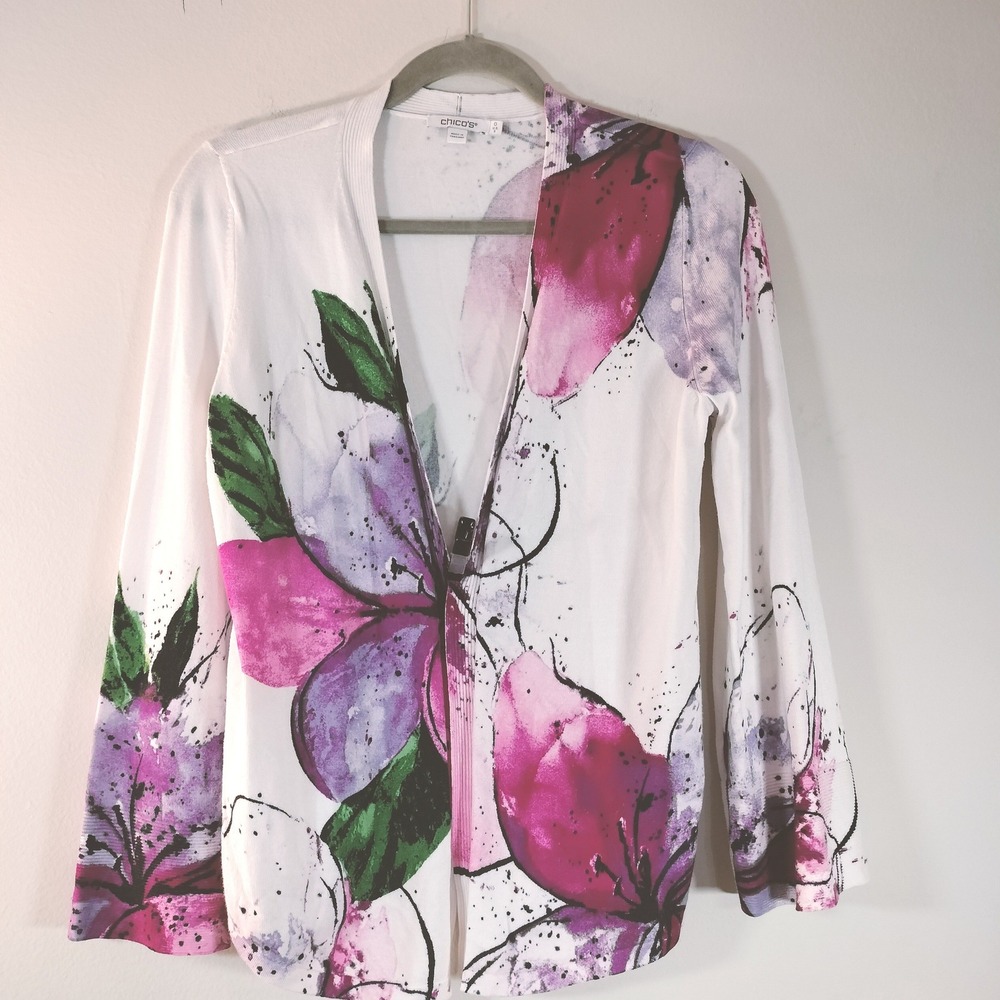 Chicos Watercolor Floral Cardigan Sweater White Purple Pink Open Front Size 0 S